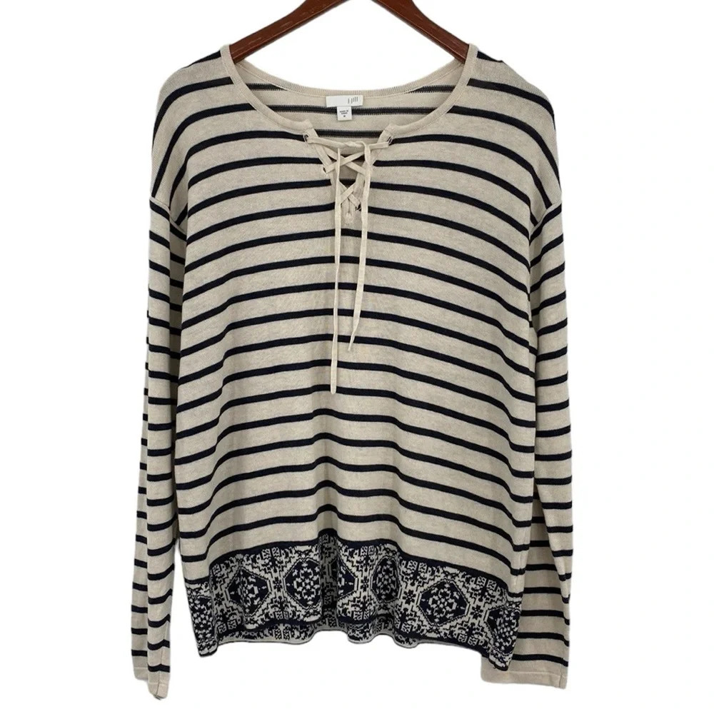 J. Jill Sweater Womens Size Medium Cream Blue Striped Lace up Lightweight Cotton